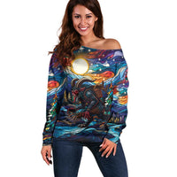 Stained Glass Krampus Off Shoulder Sweater Folklore Horror Art - Wonder Print Shop