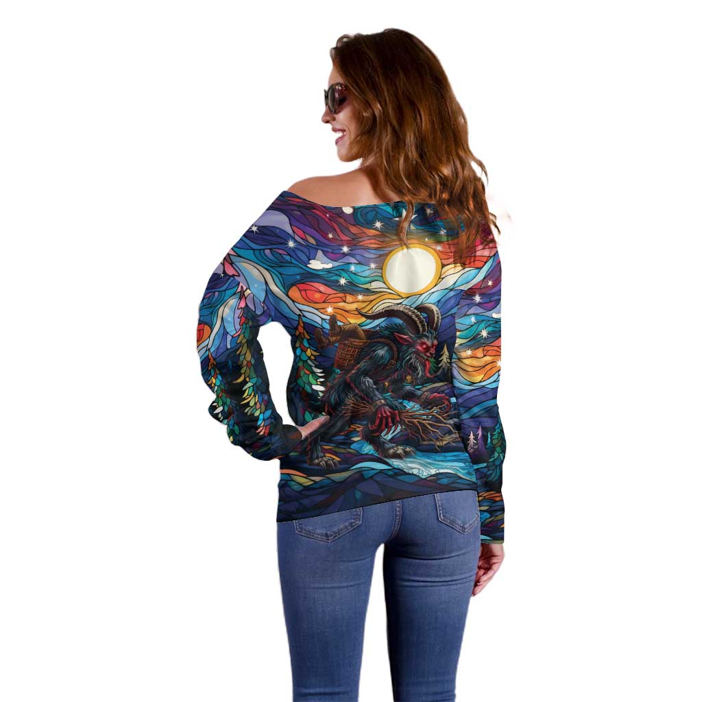 Stained Glass Krampus Off Shoulder Sweater Folklore Horror Art - Wonder Print Shop