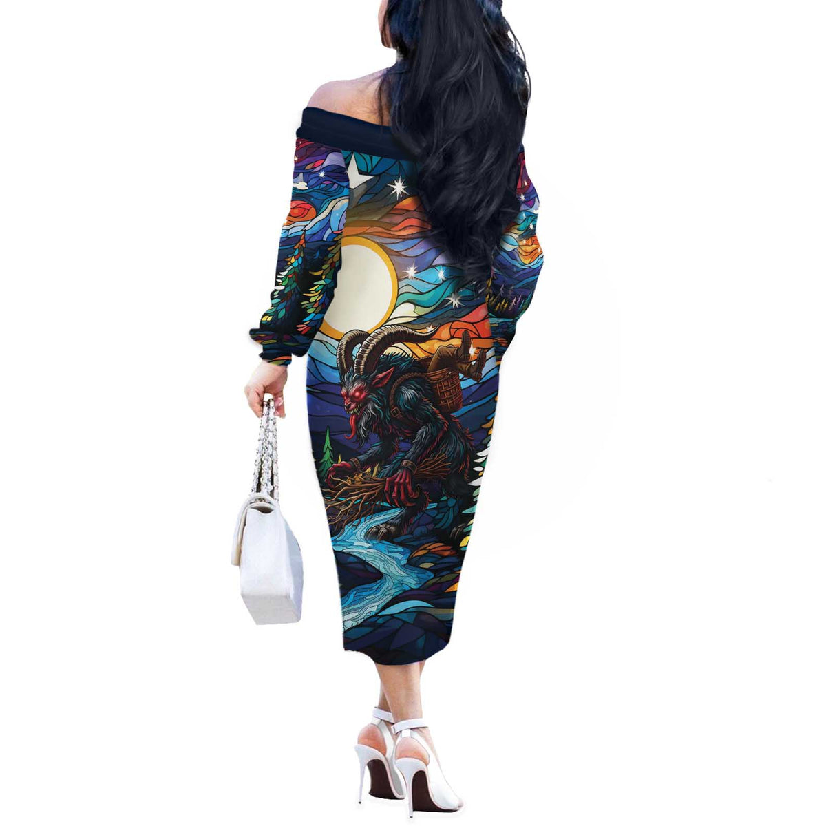Stained Glass Krampus Off The Shoulder Long Sleeve Dress Folklore Horror Art - Wonder Print Shop