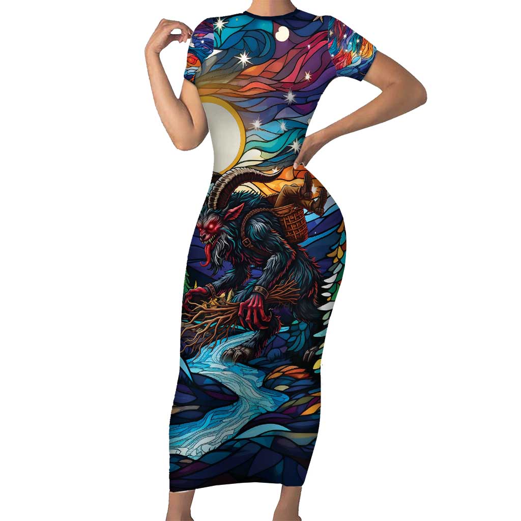 Stained Glass Krampus Short Sleeve Bodycon Dress Folklore Horror Art - Wonder Print Shop
