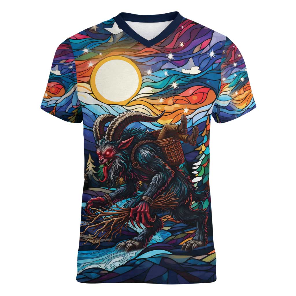 Stained Glass Krampus Women V-Neck T-Shirt Folklore Horror Art - Wonder Print Shop