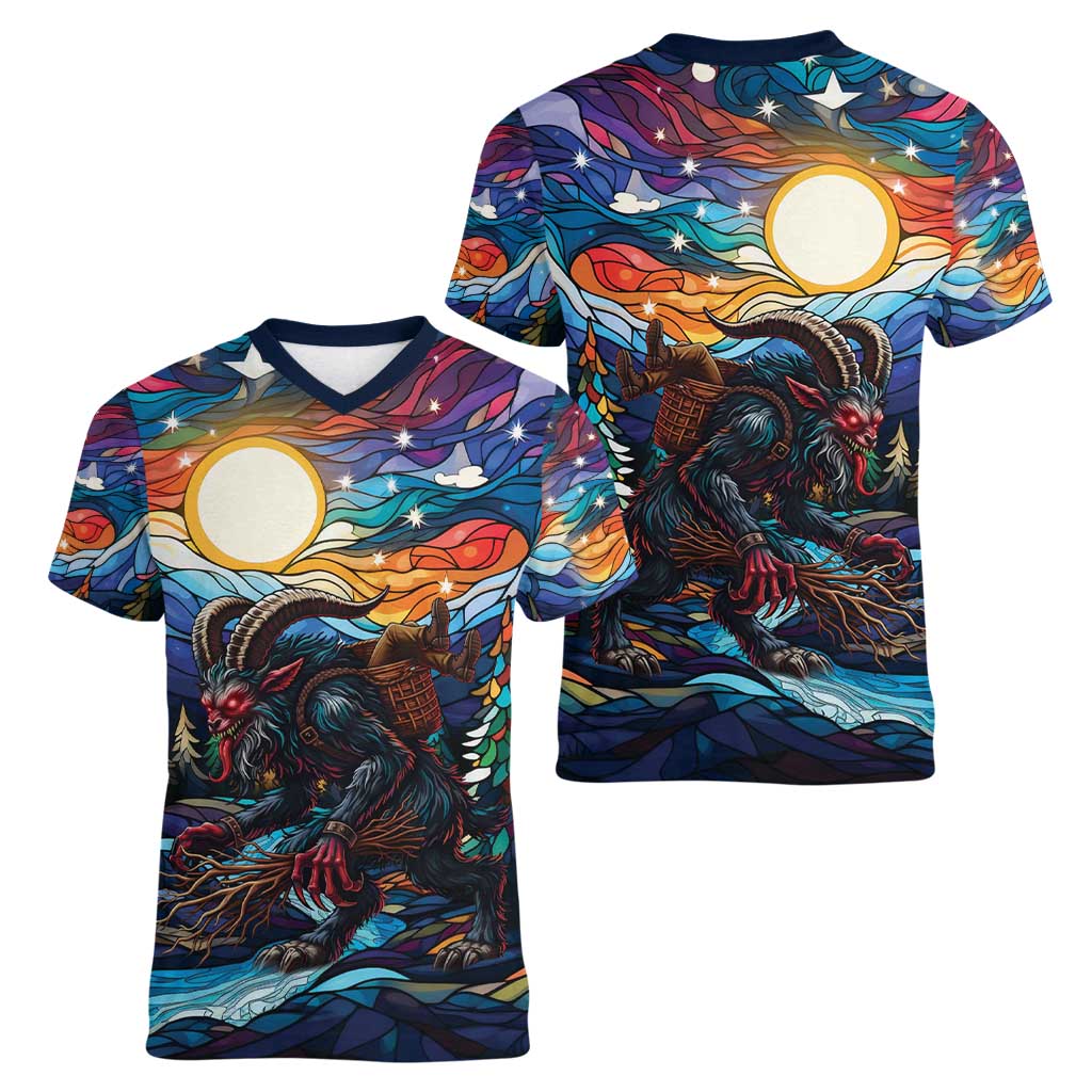 Stained Glass Krampus Women V-Neck T-Shirt Folklore Horror Art - Wonder Print Shop