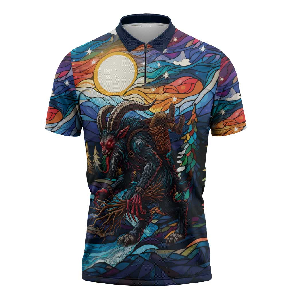 Stained Glass Krampus Zipper Polo Shirt Folklore Horror Art - Wonder Print Shop