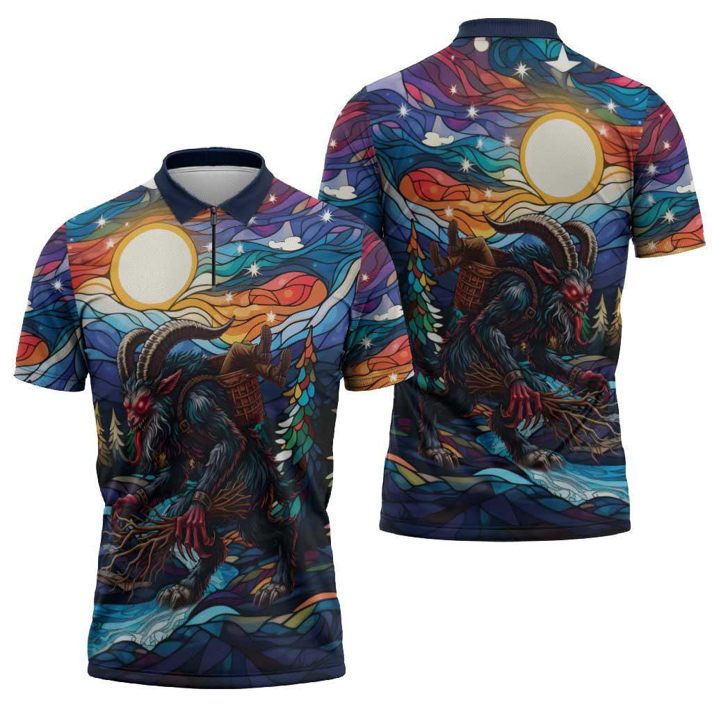 Stained Glass Krampus Zipper Polo Shirt Folklore Horror Art - Wonder Print Shop