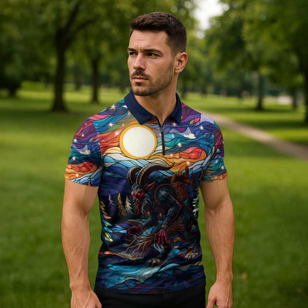 Stained Glass Krampus Zipper Polo Shirt Folklore Horror Art - Wonder Print Shop