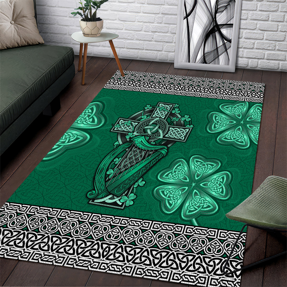 Irish Celtic Cross and Harp with Ireland Shamrock Personalized Area Rug LT9 - Wonder Print Shop