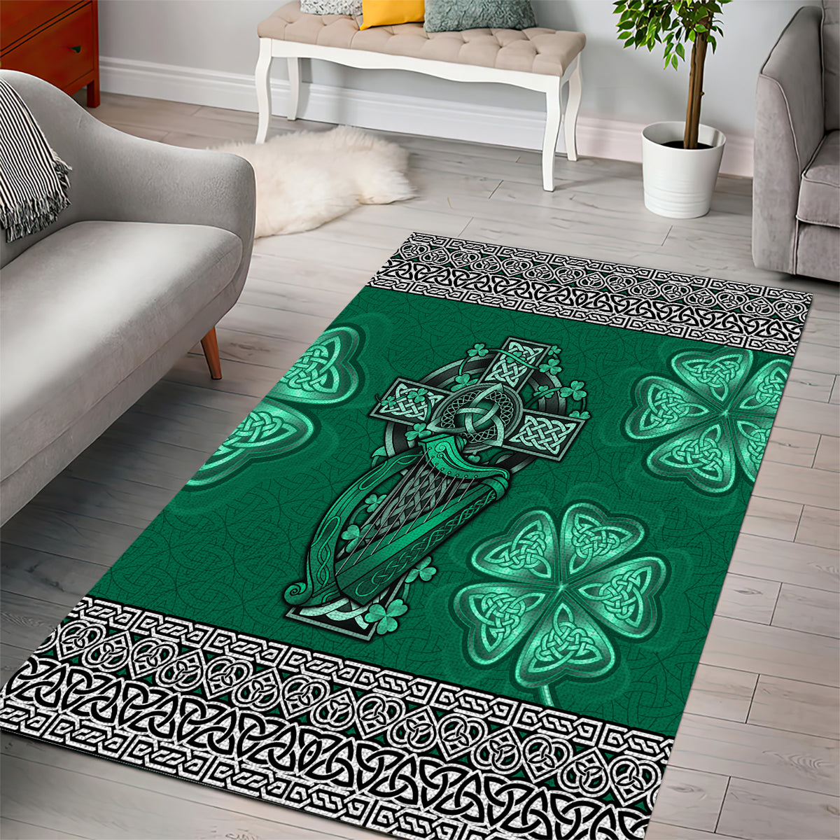 Irish Celtic Cross and Harp with Ireland Shamrock Personalized Area Rug LT9 - Wonder Print Shop