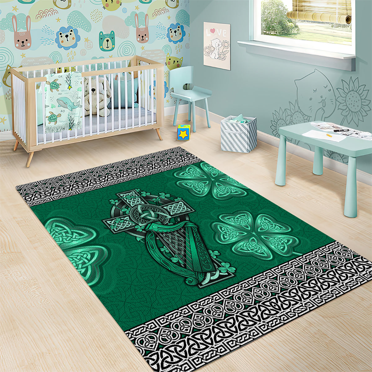 Irish Celtic Cross and Harp with Ireland Shamrock Personalized Area Rug LT9 - Wonder Print Shop