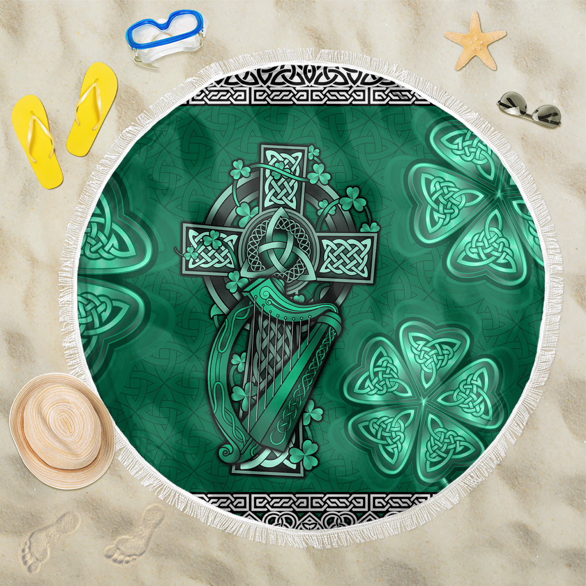 Irish Celtic Cross and Harp with Ireland Shamrock Personalized Beach Blanket LT9 - Wonder Print Shop