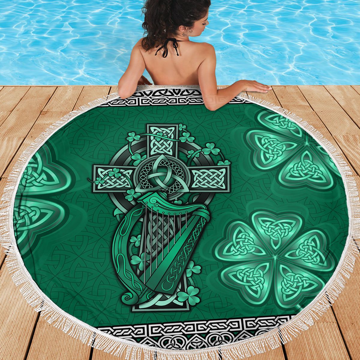 Irish Celtic Cross and Harp with Ireland Shamrock Personalized Beach Blanket LT9 - Wonder Print Shop