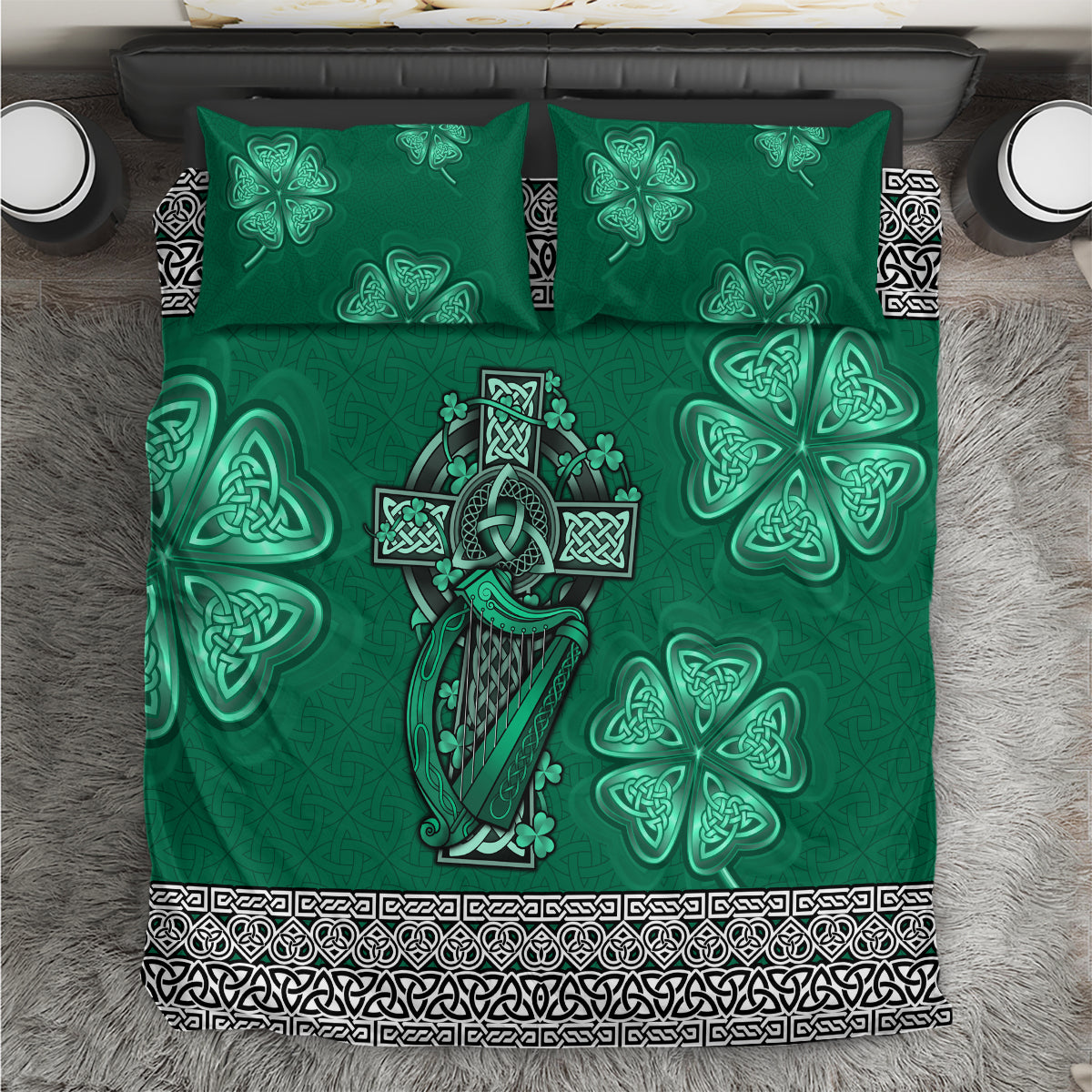 Irish Celtic Cross and Harp with Ireland Shamrock Personalized Bedding Set LT9 - Wonder Print Shop