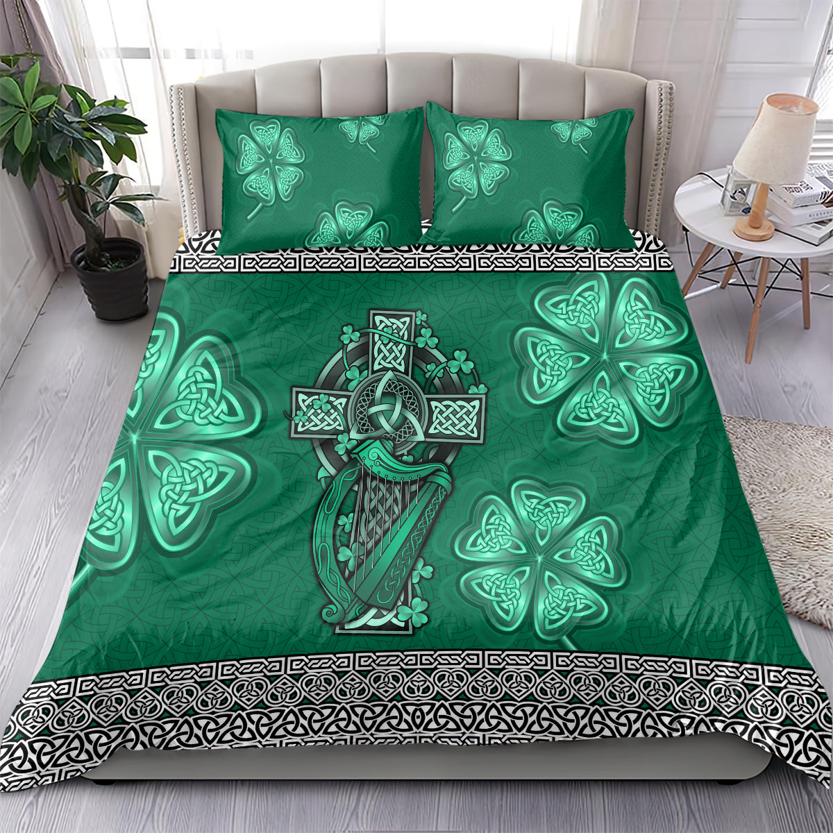 Irish Celtic Cross and Harp with Ireland Shamrock Personalized Bedding Set LT9 - Wonder Print Shop