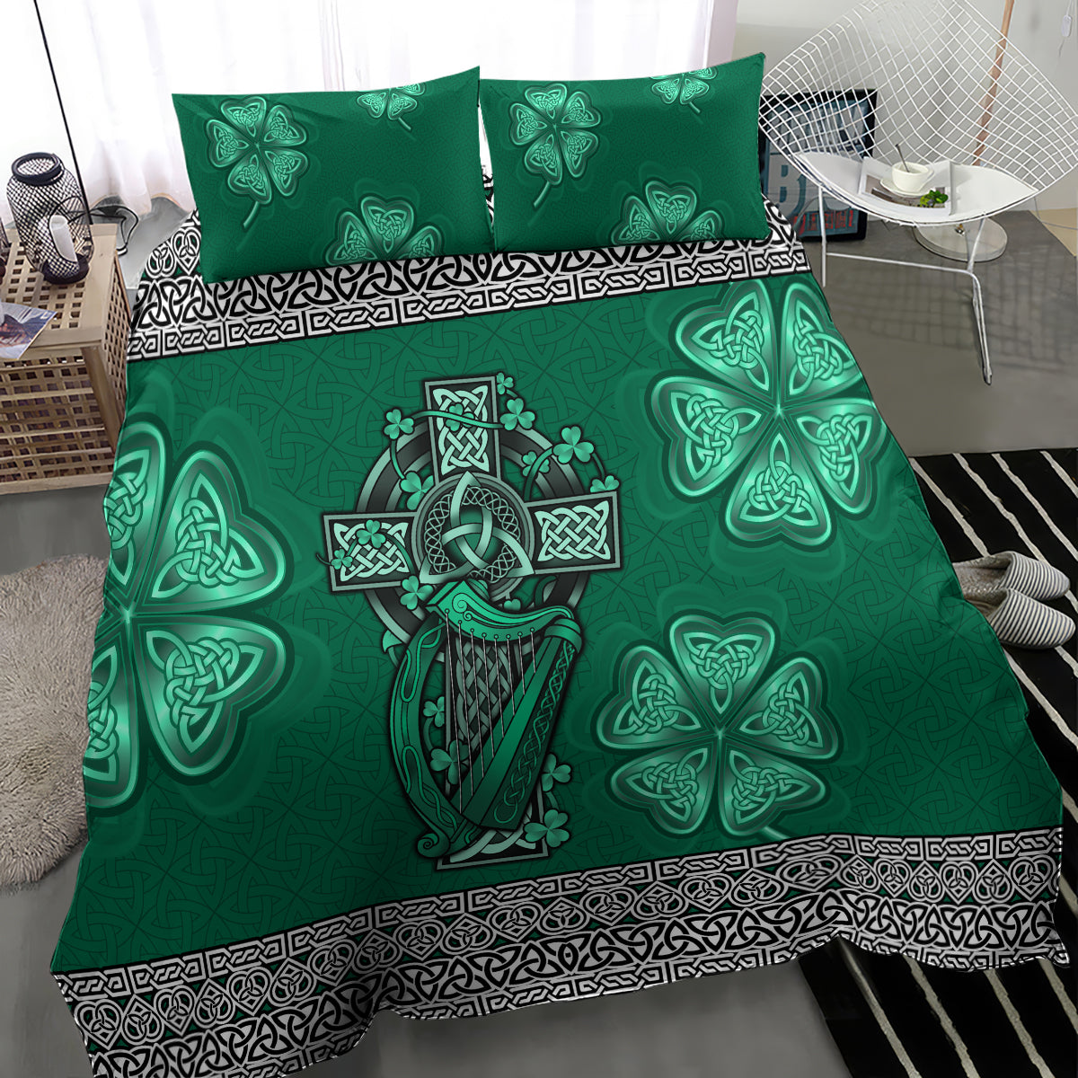 Irish Celtic Cross and Harp with Ireland Shamrock Personalized Bedding Set LT9 - Wonder Print Shop