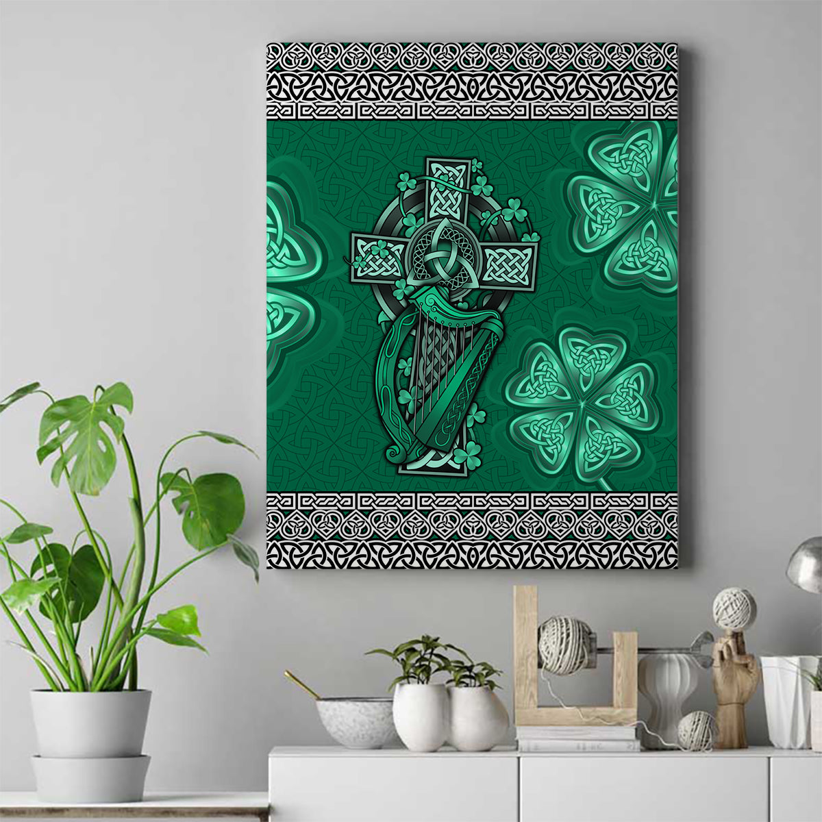 Irish Celtic Cross and Harp with Ireland Shamrock Personalized Canvas Wall Art LT9 - Wonder Print Shop