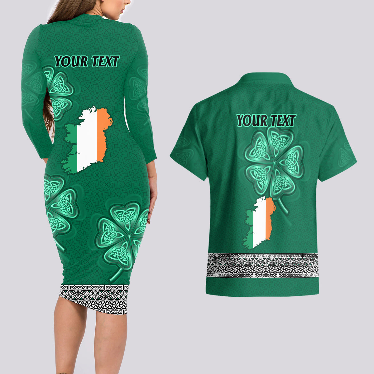 Irish Celtic Cross and Harp with Ireland Shamrock Personalized Couples Matching Long Sleeve Bodycon Dress and Hawaiian Shirt LT9 - Wonder Print Shop