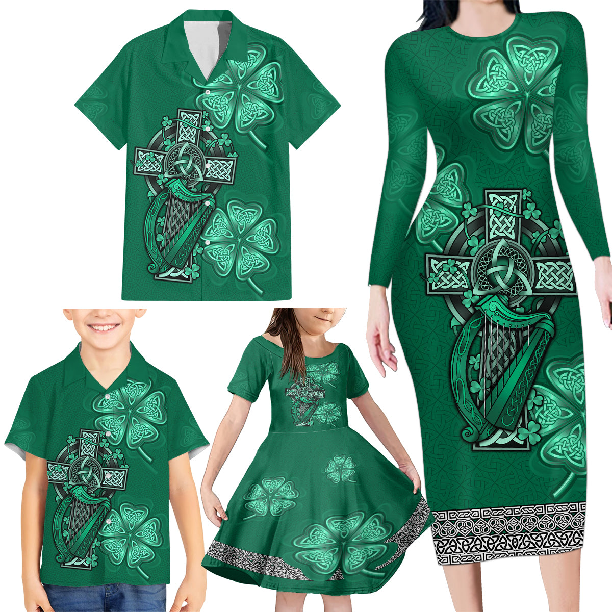 Irish Celtic Cross and Harp with Ireland Shamrock Personalized Family Matching Long Sleeve Bodycon Dress and Hawaiian Shirt LT9 - Wonder Print Shop