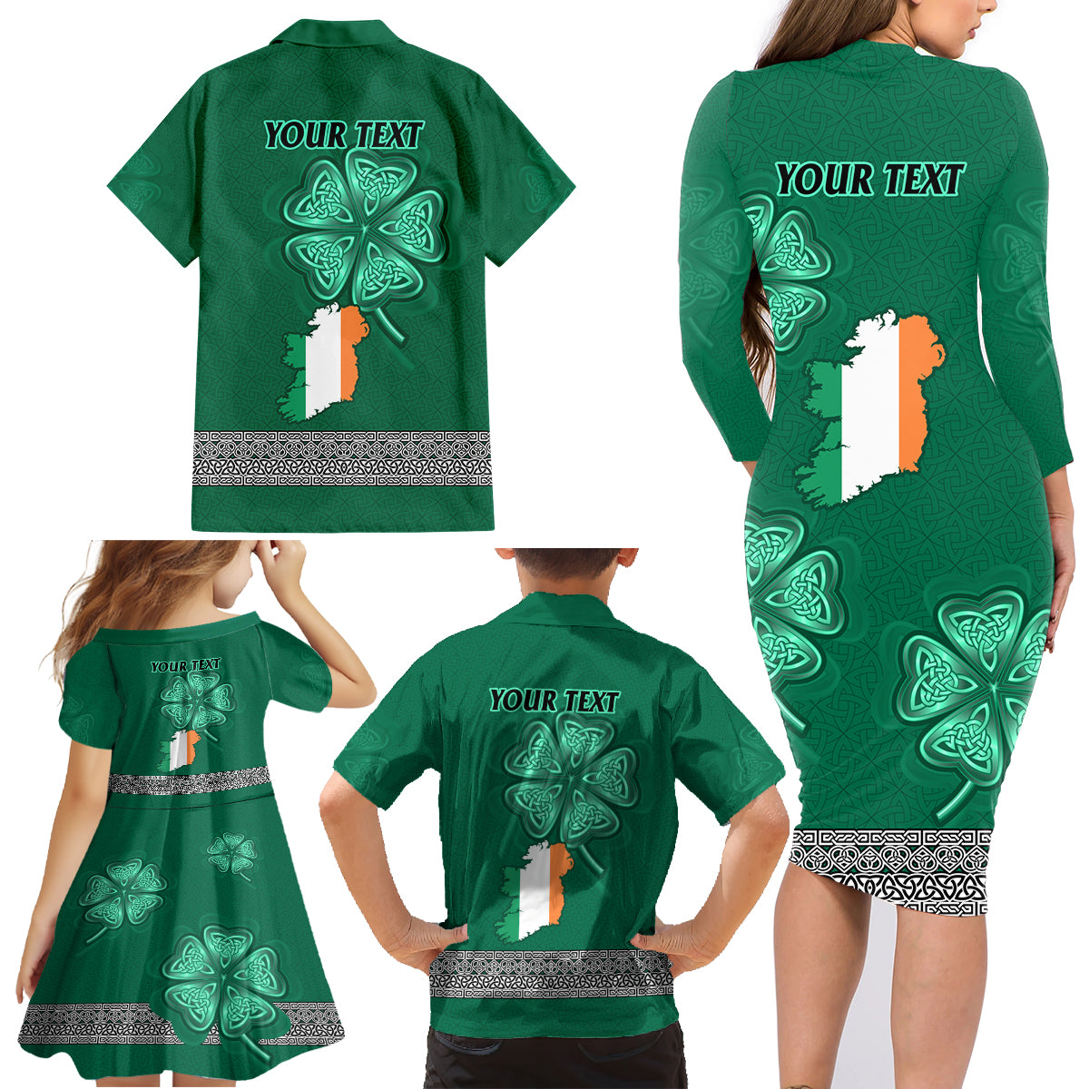 Irish Celtic Cross and Harp with Ireland Shamrock Personalized Family Matching Long Sleeve Bodycon Dress and Hawaiian Shirt LT9 - Wonder Print Shop
