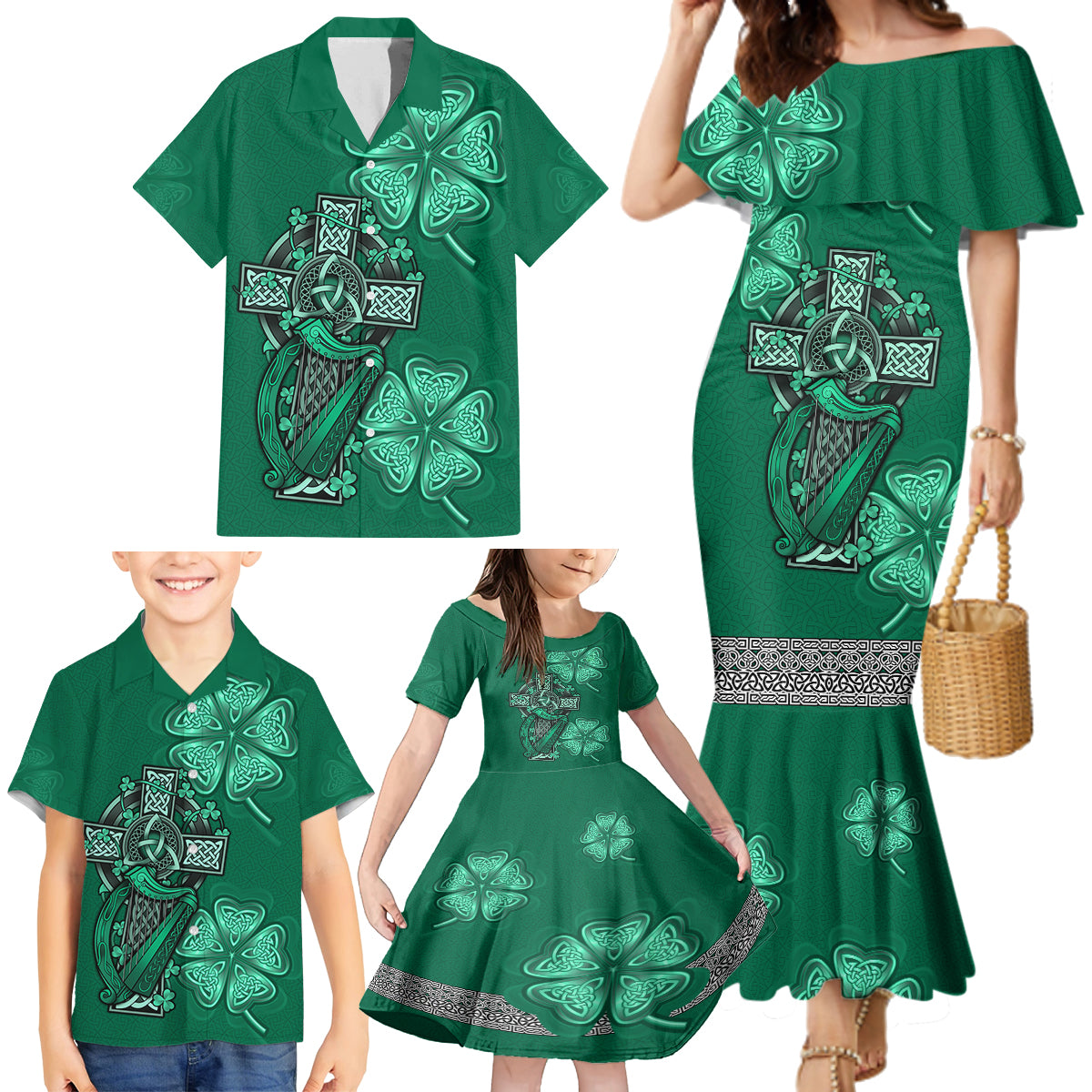 Irish Celtic Cross and Harp with Ireland Shamrock Personalized Family Matching Mermaid Dress and Hawaiian Shirt LT9 - Wonder Print Shop