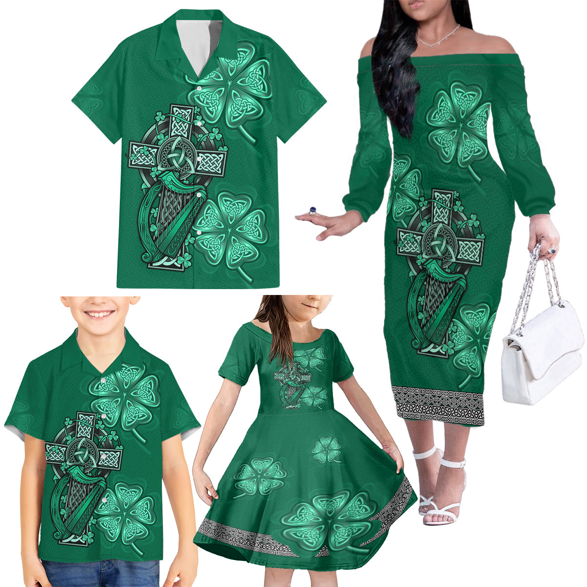 Irish Celtic Cross and Harp with Ireland Shamrock Personalized Family Matching Off Shoulder Long Sleeve Dress and Hawaiian Shirt - Wonder Print Shop