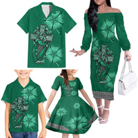 Irish Celtic Cross and Harp with Ireland Shamrock Personalized Family Matching Off Shoulder Long Sleeve Dress and Hawaiian Shirt - Wonder Print Shop