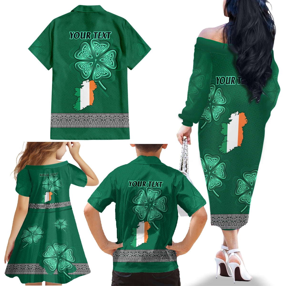 Irish Celtic Cross and Harp with Ireland Shamrock Personalized Family Matching Off Shoulder Long Sleeve Dress and Hawaiian Shirt - Wonder Print Shop