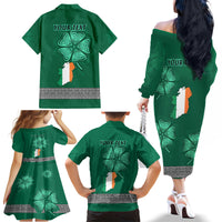 Irish Celtic Cross and Harp with Ireland Shamrock Personalized Family Matching Off Shoulder Long Sleeve Dress and Hawaiian Shirt - Wonder Print Shop