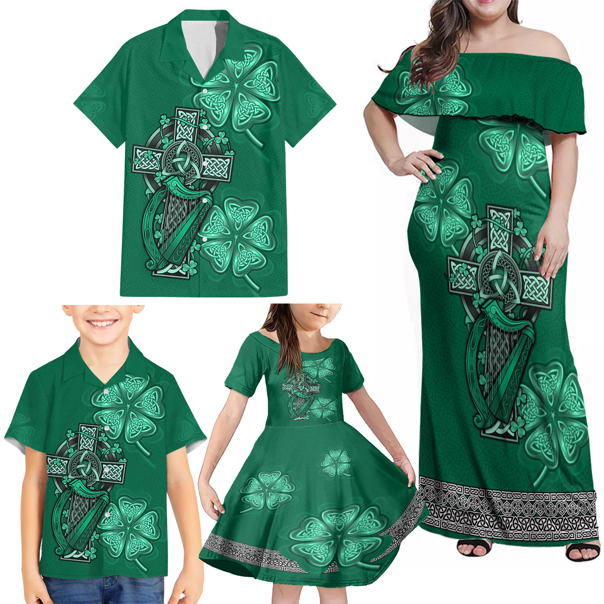 Irish Celtic Cross and Harp with Ireland Shamrock Personalized Family Matching Off Shoulder Maxi Dress and Hawaiian Shirt LT9 - Wonder Print Shop