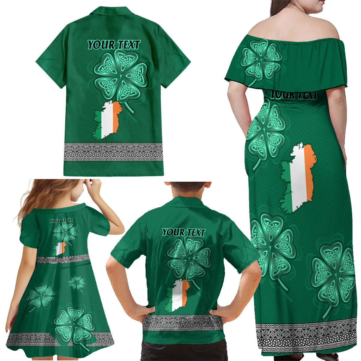 Irish Celtic Cross and Harp with Ireland Shamrock Personalized Family Matching Off Shoulder Maxi Dress and Hawaiian Shirt LT9 - Wonder Print Shop
