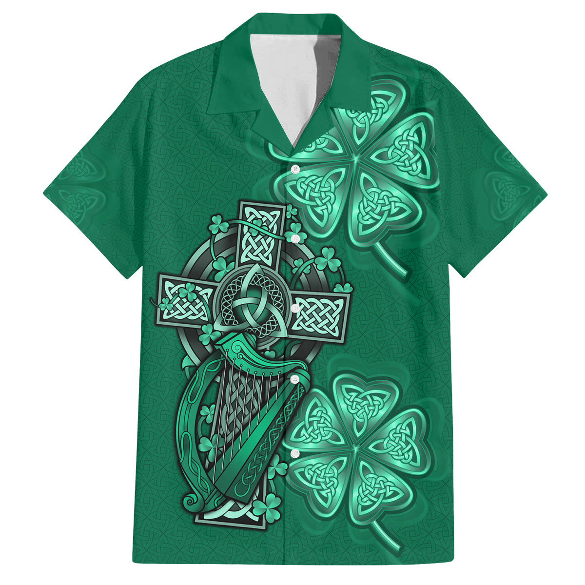 Irish Celtic Cross and Harp with Ireland Shamrock Personalized Family Matching Off Shoulder Maxi Dress and Hawaiian Shirt LT9 - Wonder Print Shop