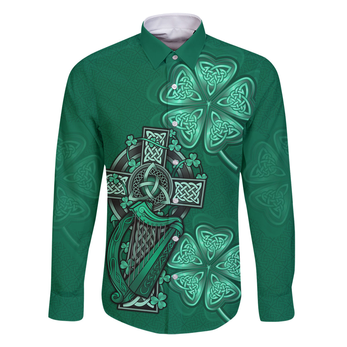 Irish Celtic Cross and Harp with Ireland Shamrock Personalized Family Matching Off Shoulder Maxi Dress and Hawaiian Shirt LT9 - Wonder Print Shop