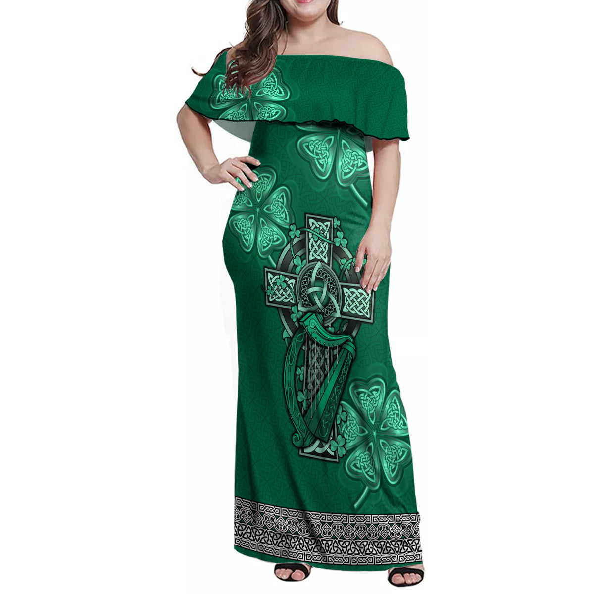 Irish Celtic Cross and Harp with Ireland Shamrock Personalized Family Matching Off Shoulder Maxi Dress and Hawaiian Shirt LT9 - Wonder Print Shop