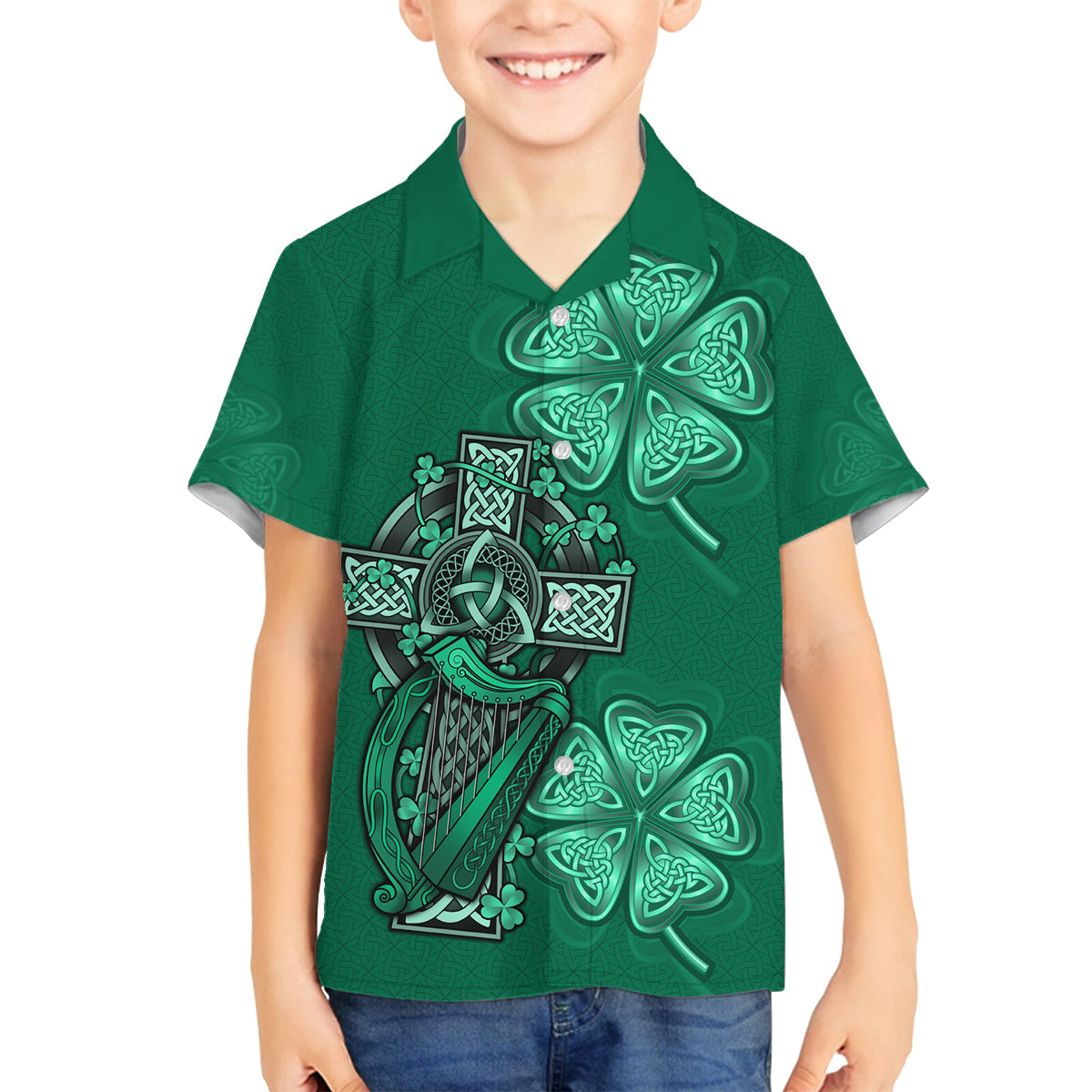 Irish Celtic Cross and Harp with Ireland Shamrock Personalized Family Matching Off Shoulder Maxi Dress and Hawaiian Shirt LT9 - Wonder Print Shop