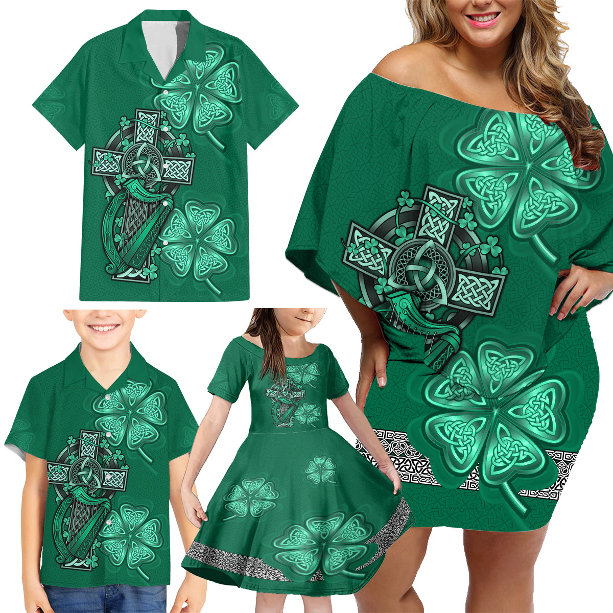Irish Celtic Cross and Harp with Ireland Shamrock Personalized Family Matching Off Shoulder Short Dress and Hawaiian Shirt LT9 - Wonder Print Shop
