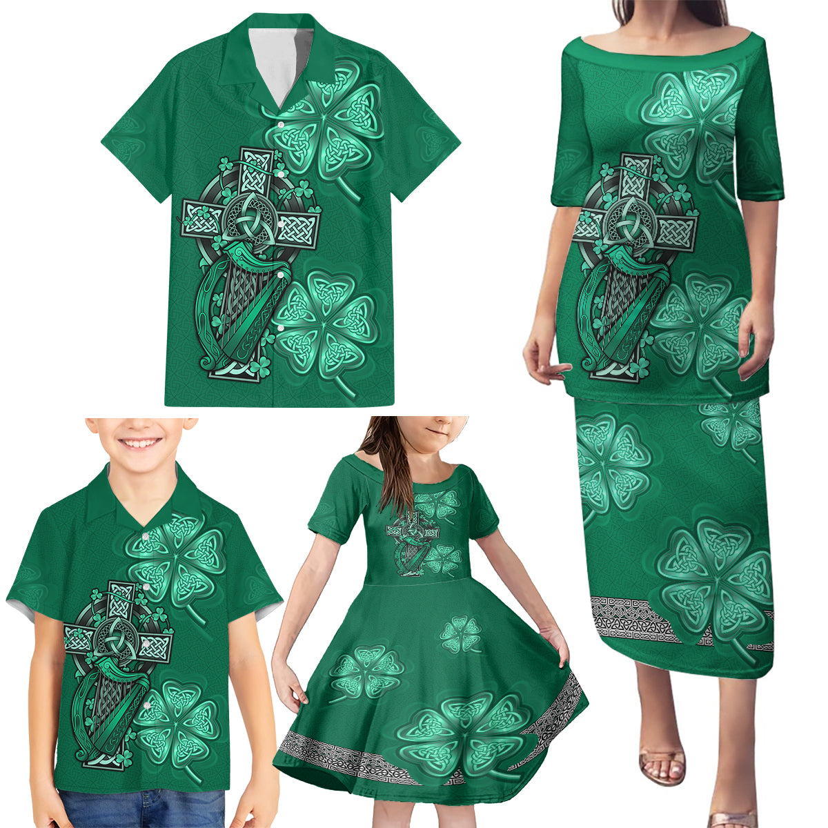 Irish Celtic Cross and Harp with Ireland Shamrock Personalized Family Matching Puletasi and Hawaiian Shirt - Wonder Print Shop