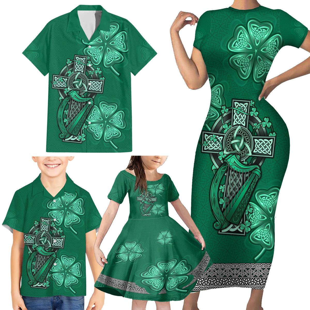 Irish Celtic Cross and Harp with Ireland Shamrock Personalized Family Matching Short Sleeve Bodycon Dress and Hawaiian Shirt - Wonder Print Shop