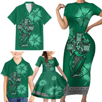 Irish Celtic Cross and Harp with Ireland Shamrock Personalized Family Matching Short Sleeve Bodycon Dress and Hawaiian Shirt - Wonder Print Shop