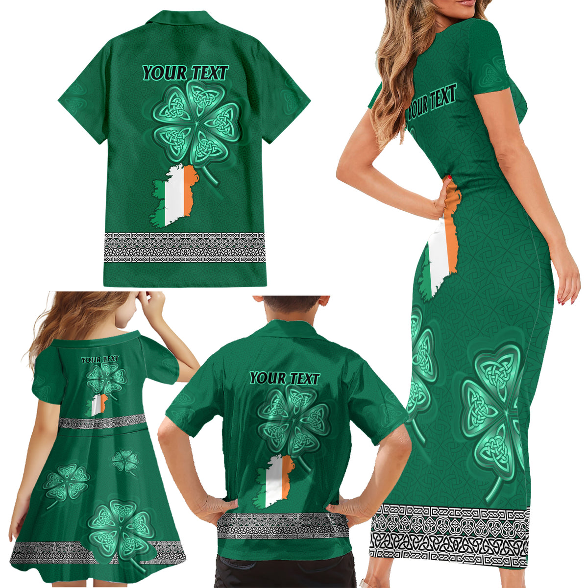 Irish Celtic Cross and Harp with Ireland Shamrock Personalized Family Matching Short Sleeve Bodycon Dress and Hawaiian Shirt - Wonder Print Shop