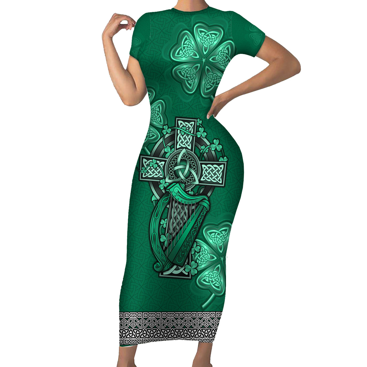 Irish Celtic Cross and Harp with Ireland Shamrock Personalized Family Matching Short Sleeve Bodycon Dress and Hawaiian Shirt - Wonder Print Shop