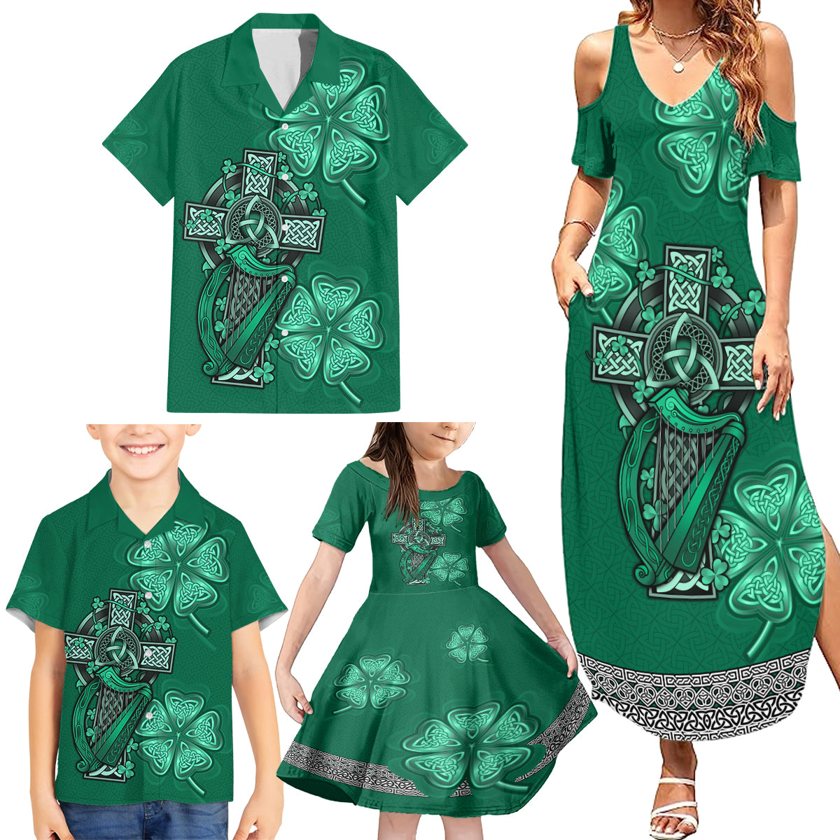 Irish Celtic Cross and Harp with Ireland Shamrock Personalized Family Matching Summer Maxi Dress and Hawaiian Shirt - Wonder Print Shop