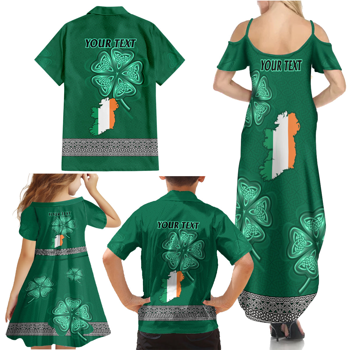 Irish Celtic Cross and Harp with Ireland Shamrock Personalized Family Matching Summer Maxi Dress and Hawaiian Shirt - Wonder Print Shop