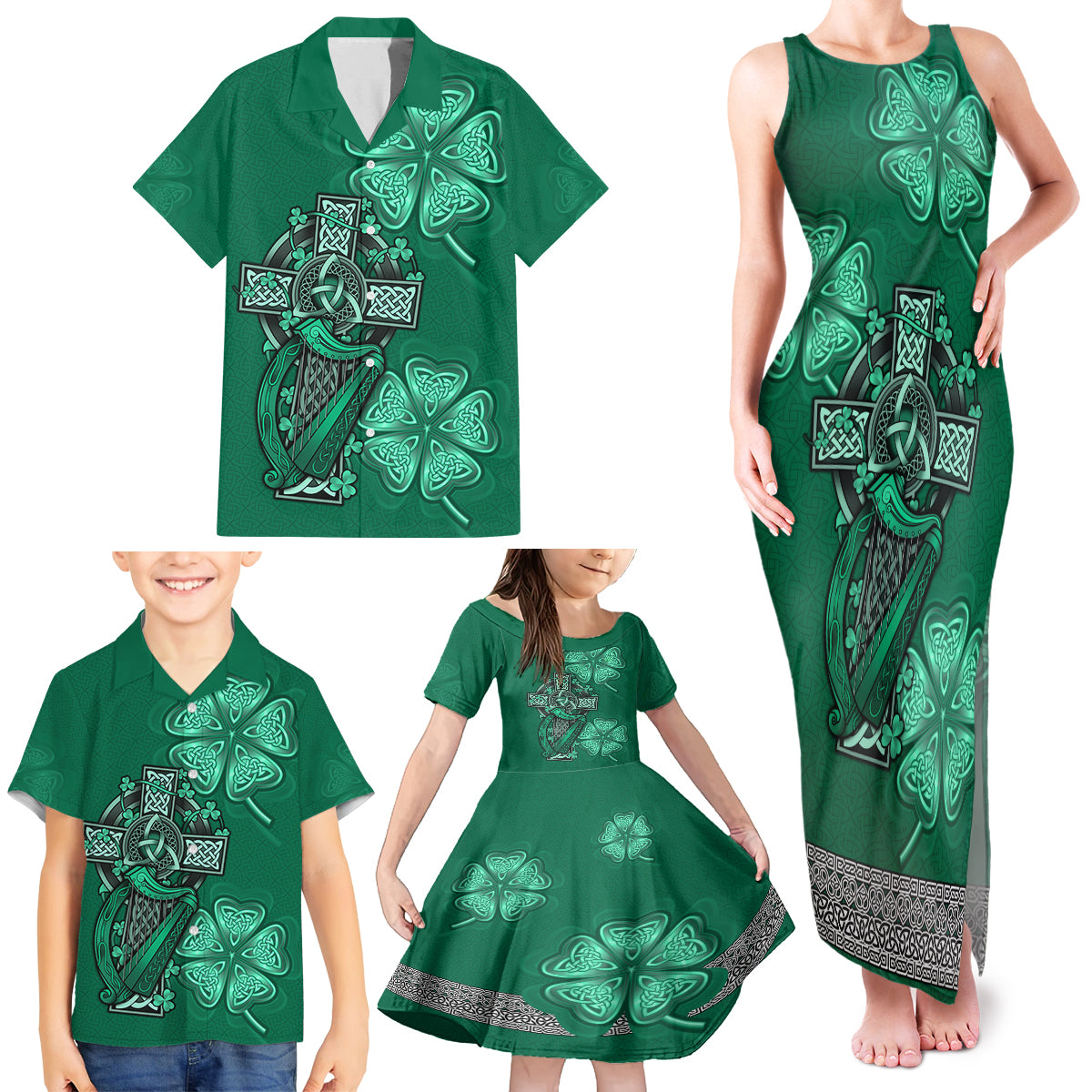 Irish Celtic Cross and Harp with Ireland Shamrock Personalized Family Matching Tank Maxi Dress and Hawaiian Shirt - Wonder Print Shop