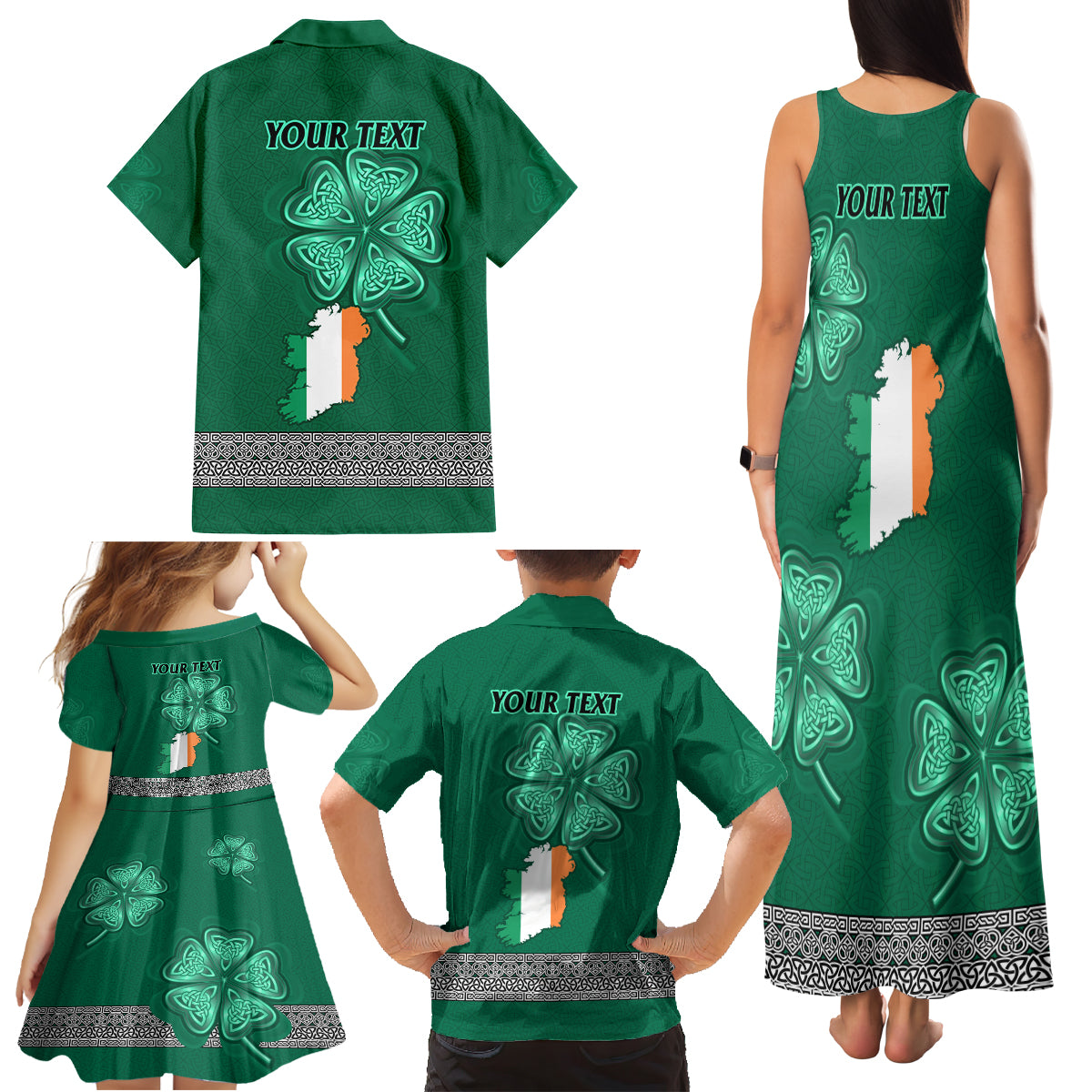 Irish Celtic Cross and Harp with Ireland Shamrock Personalized Family Matching Tank Maxi Dress and Hawaiian Shirt - Wonder Print Shop