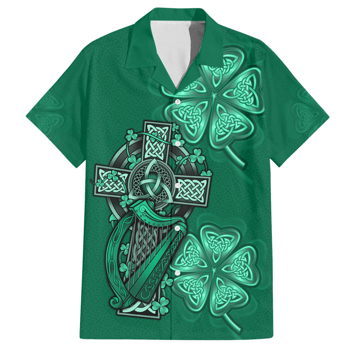 Irish Celtic Cross and Harp with Ireland Shamrock Personalized Hawaiian Shirt - Wonder Print Shop