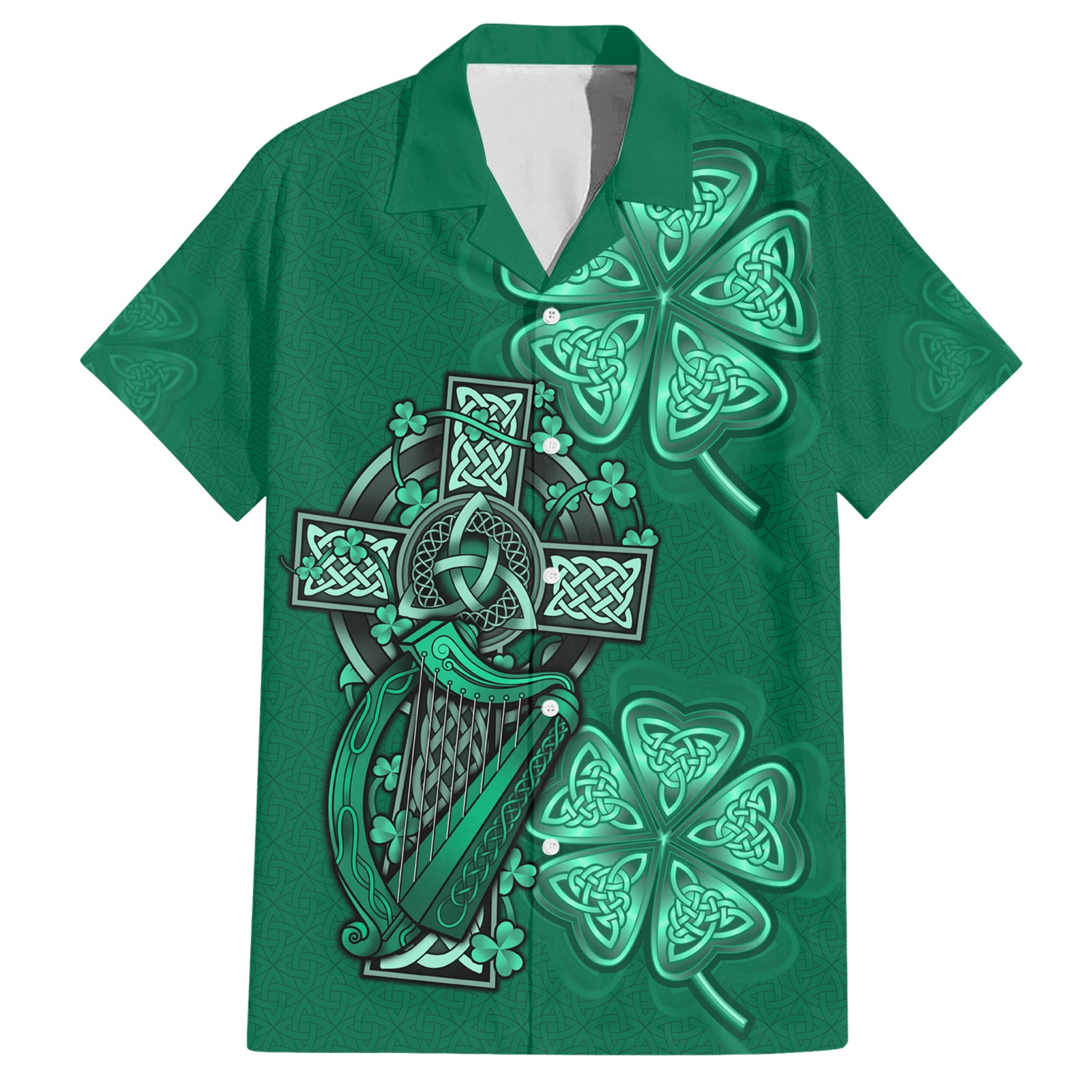 Irish Celtic Cross and Harp with Ireland Shamrock Personalized Hawaiian Shirt - Wonder Print Shop