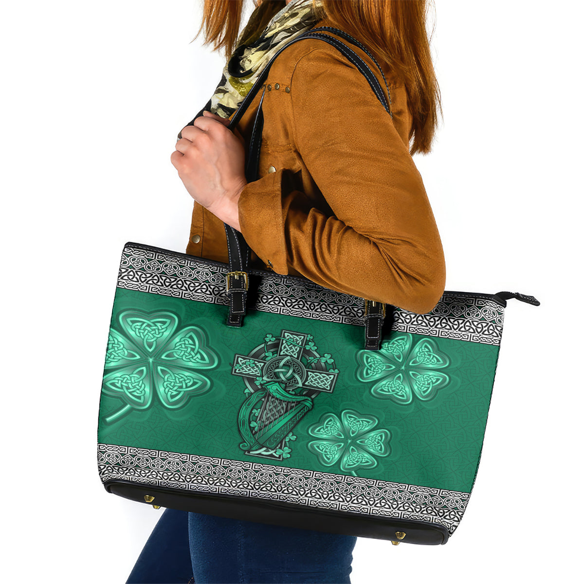 Irish Celtic Cross and Harp with Ireland Shamrock Personalized Leather Tote Bag - Wonder Print Shop