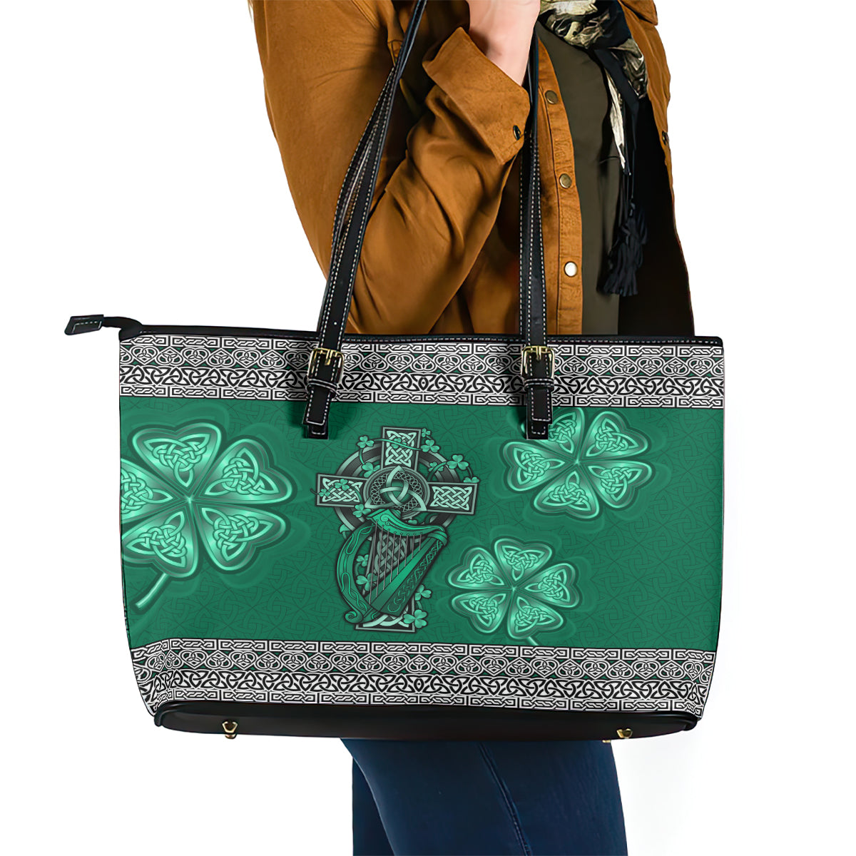 Irish Celtic Cross and Harp with Ireland Shamrock Personalized Leather Tote Bag - Wonder Print Shop