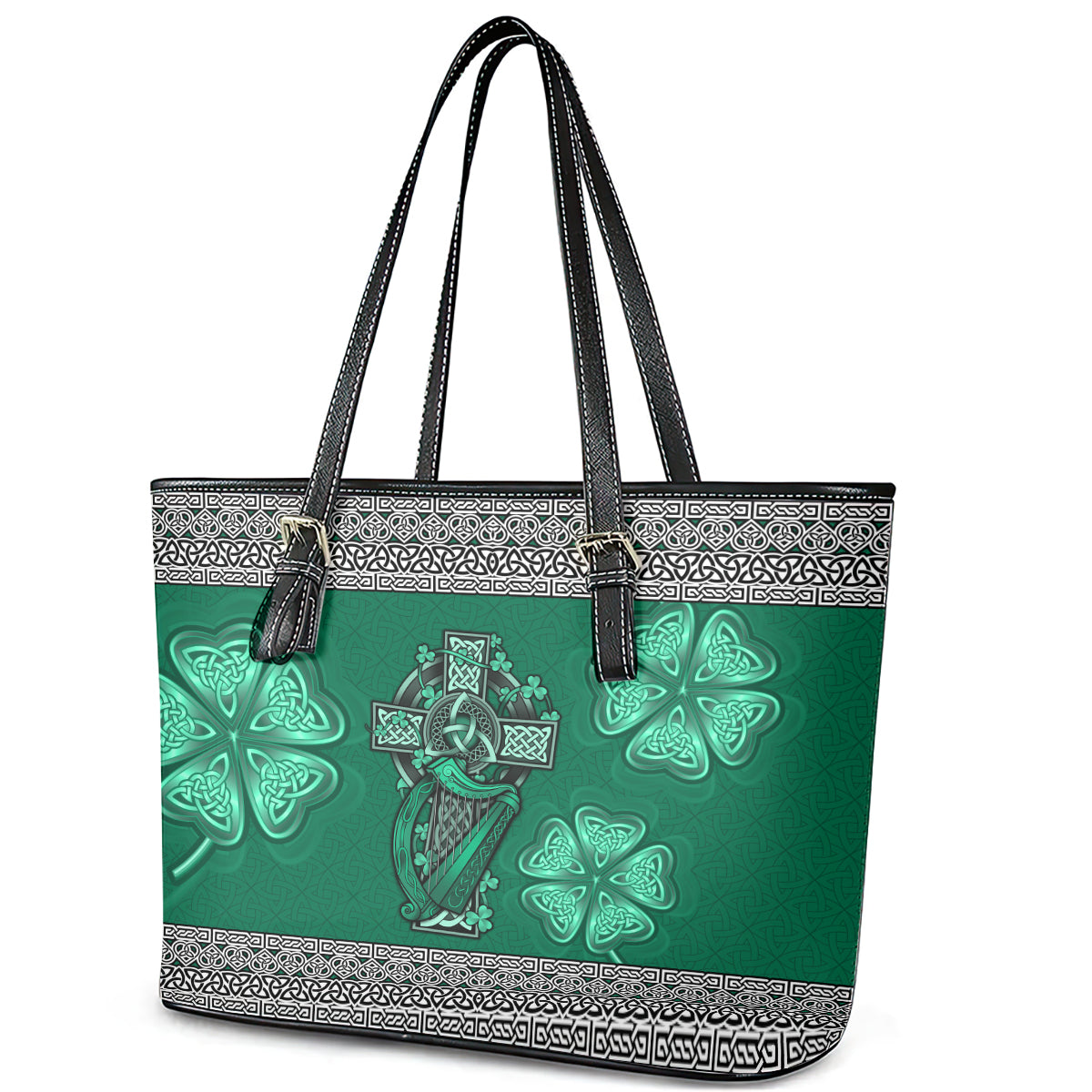 Irish Celtic Cross and Harp with Ireland Shamrock Personalized Leather Tote Bag - Wonder Print Shop