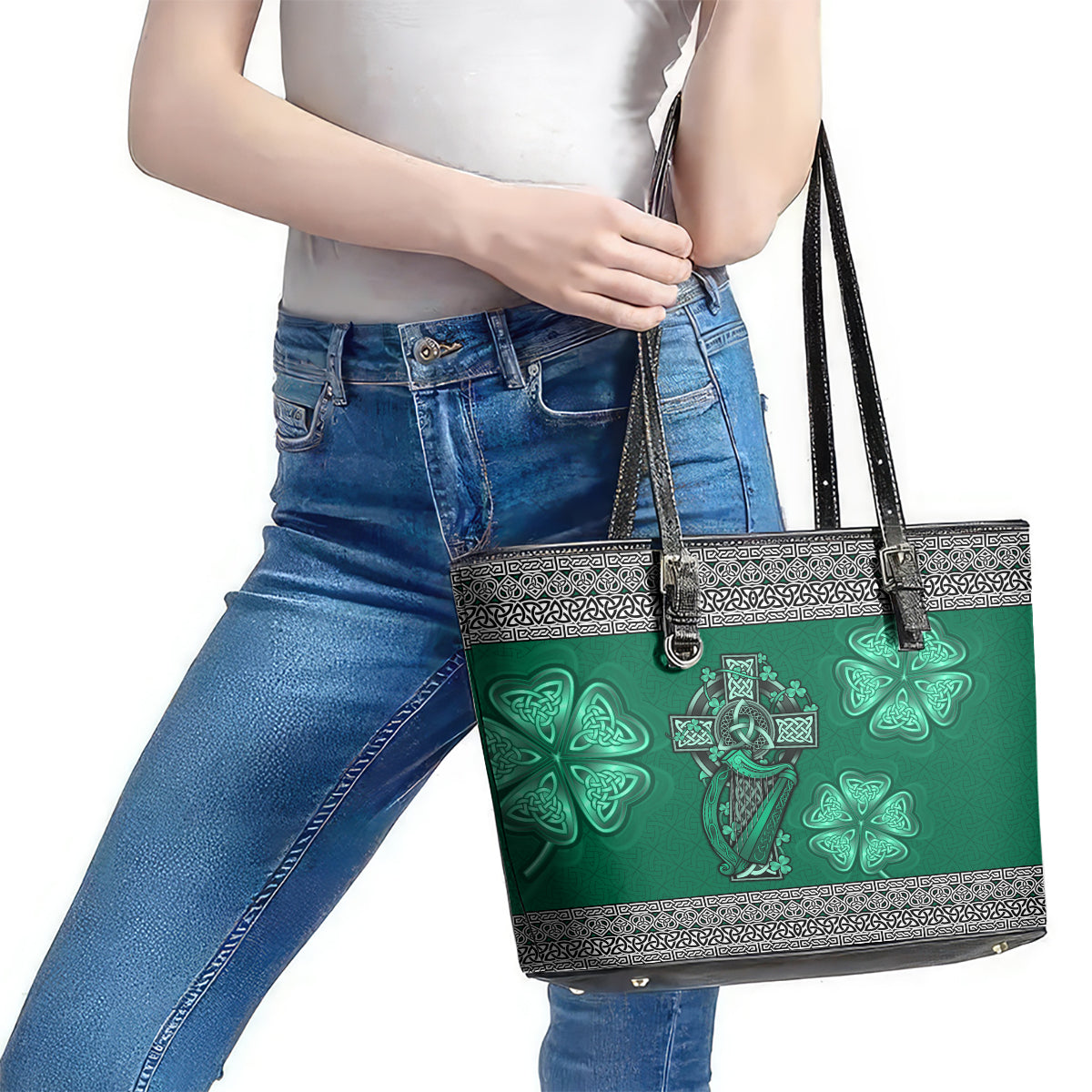 Irish Celtic Cross and Harp with Ireland Shamrock Personalized Leather Tote Bag - Wonder Print Shop