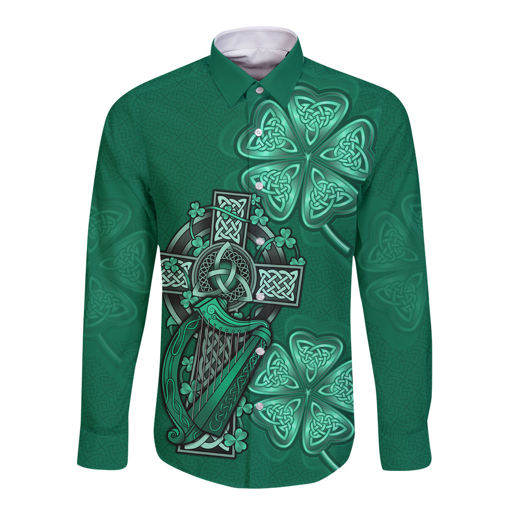 Irish Celtic Cross and Harp with Ireland Shamrock Personalized Long Sleeve Button Shirt - Wonder Print Shop