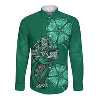 Irish Celtic Cross and Harp with Ireland Shamrock Personalized Long Sleeve Button Shirt - Wonder Print Shop